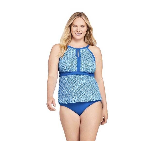 Lands End Keyhole Tankini Top Fresh Boreal Blue Tile Pattern Size 10D NWOT!!! - Picture 1 of 5